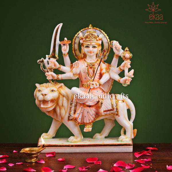 12" Goddess Durga Idol Sitting on Lion, Hand Painted Durga in Marble