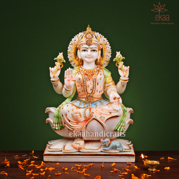 Goddess Lakshmi Statue Hand Carved in Marble 18"