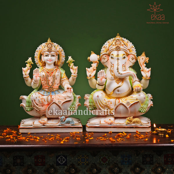 Ganesh Lakshmi Saraswati Statue Handcarved in Marble 18"