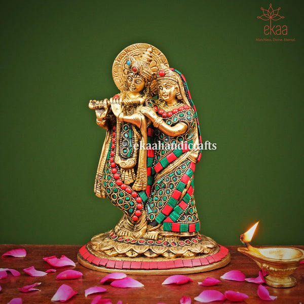 Brass Radha Krishna Statue in Stonework