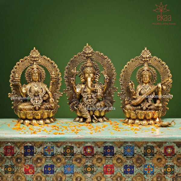 Brass Ganesh Lakshmi Saraswati Statue