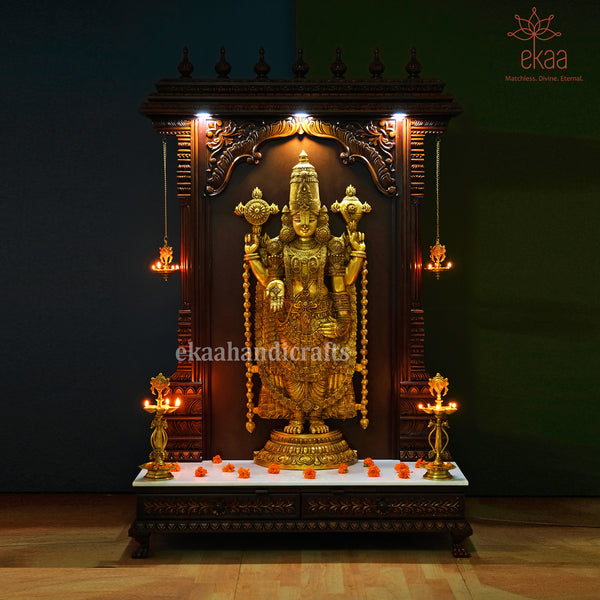 Large Tirupati Balaji in Wooden Frame Stand with Vaishnav Symbol Lamp