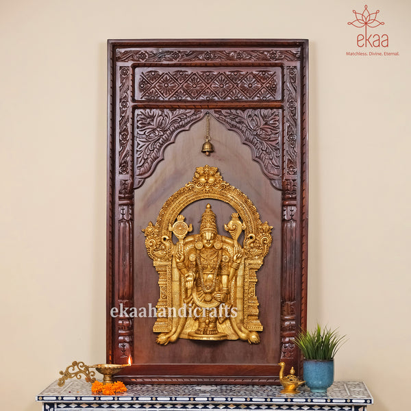 Tirupati Balaji in Brass with Carved Frame Wall Hanging