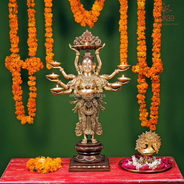 Brass Deep Lakshmi Statue with 10 Hands