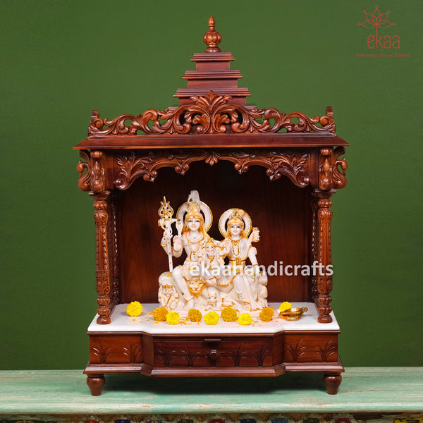 Wooden Hand Carved Temple | 45" Handcrafted Home Mandir with Marble Top