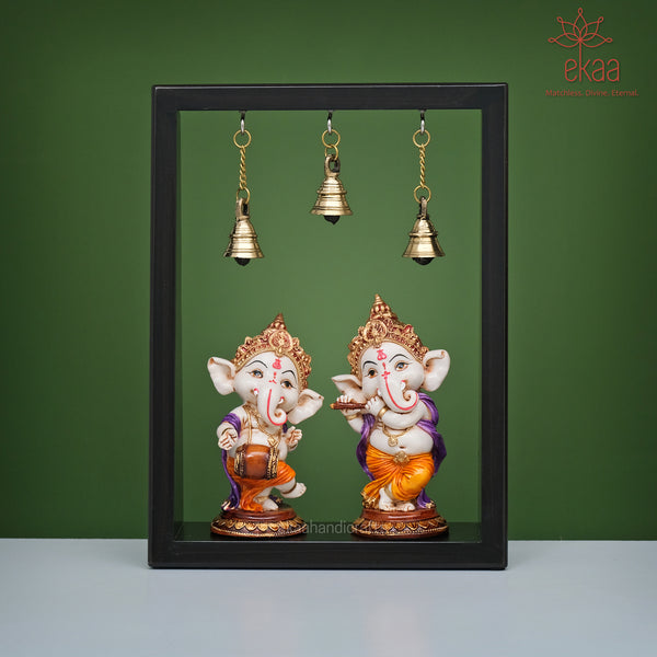 Musicial Baby Ganesha Idols in Wooden Frame with Bell