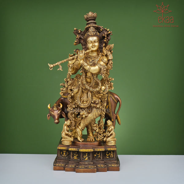 28" Lord Krishna with Cow in Brass