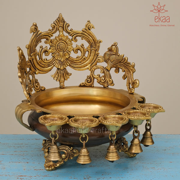 Brass Urli with 5 Diya, Parrot Design Bowl