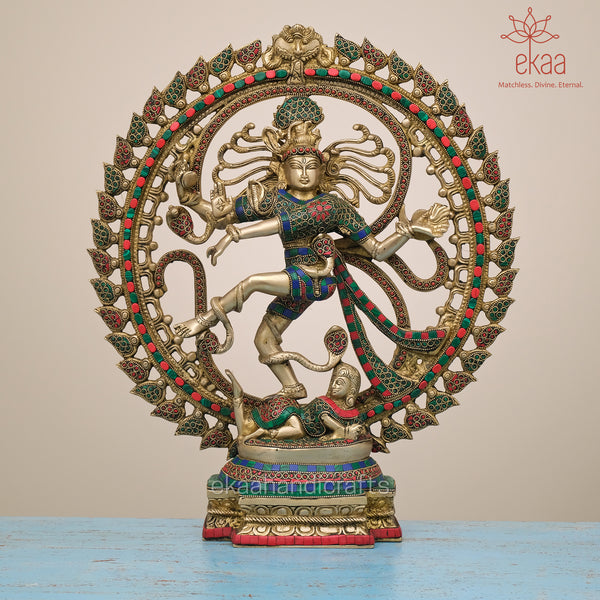 Brass Dancing Shiva Nataraja Statue with Stonework