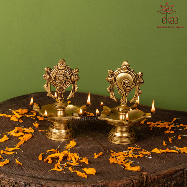 Brass Vishnu Shankh Chakra Diya Lamp for Home Temple