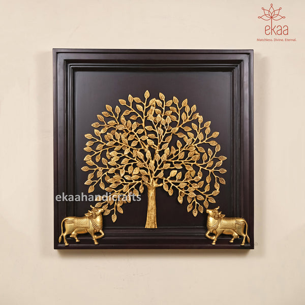 Brass Tree of Life with Nandi Cow Wall Hanging Frame